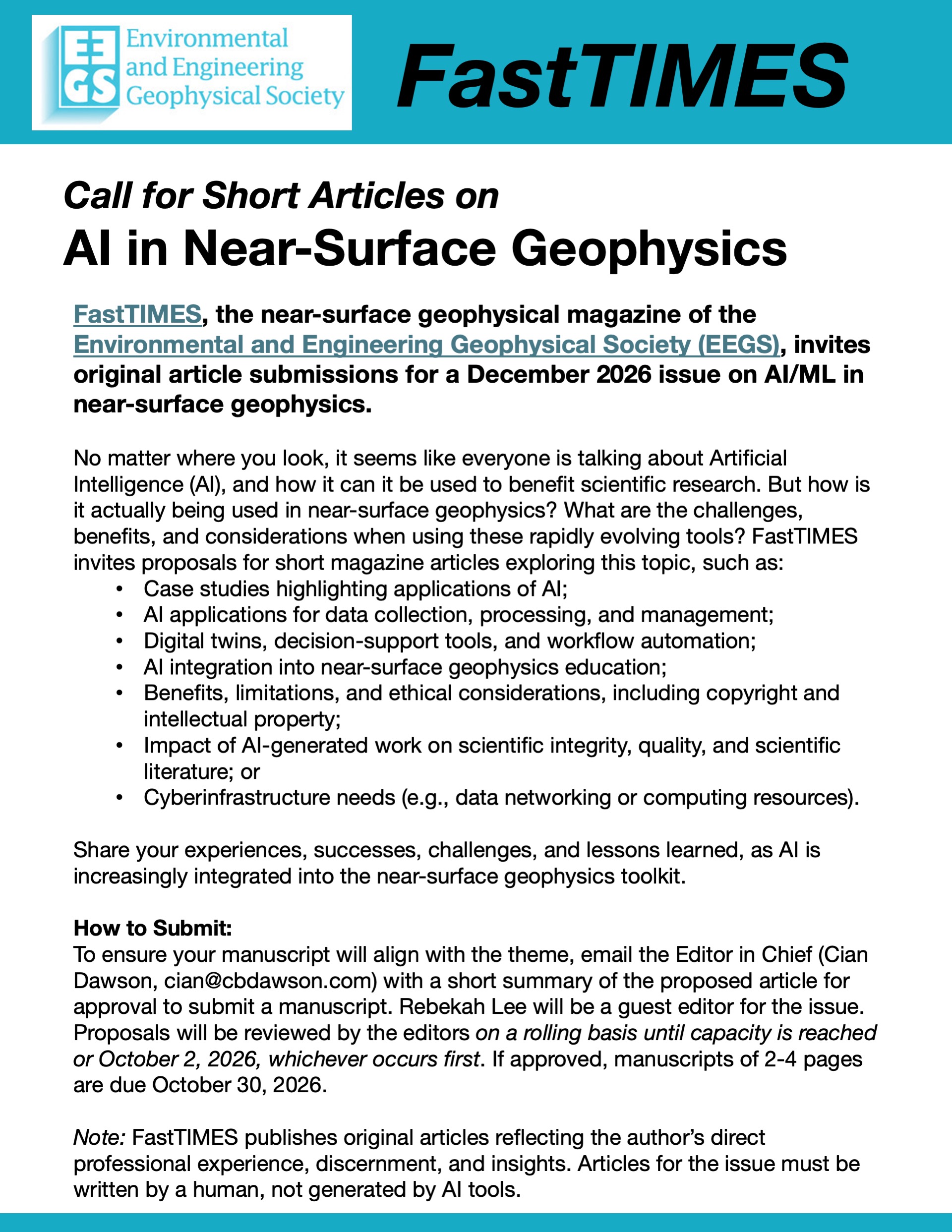 Call for short articles on AI in Near-Surface Geophysics