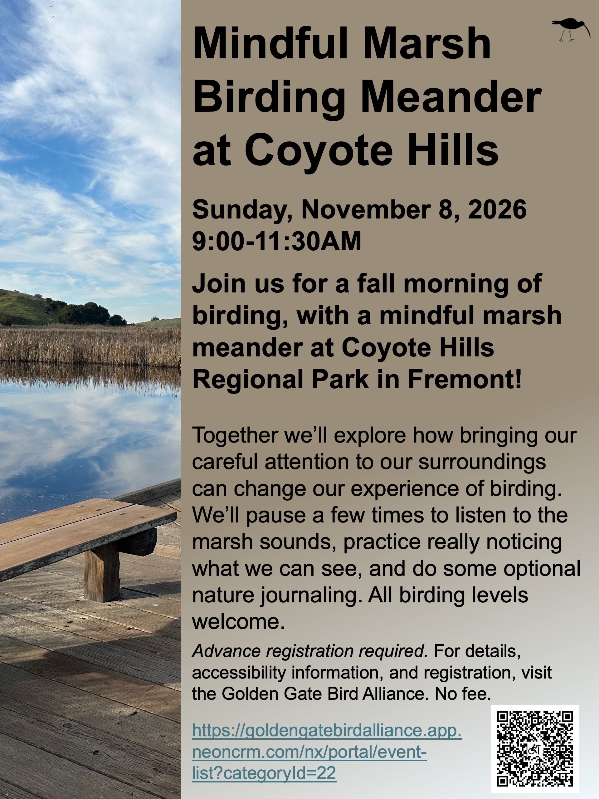 Flyer: Mindful Marsh Birding Meander at Coyote Hills, Sunday, November 8, 2026, 9:00-11:30AM
